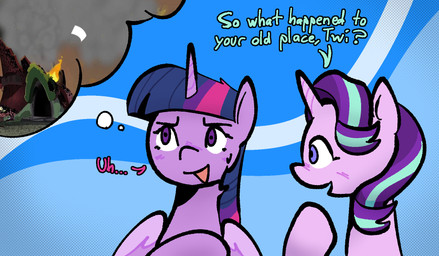 blush bodily_fluids duo female feral horn memory sweat sweatdrop thought_bubble tree_house wings umamimare friendship_is_magic hasbro my_little_pony mythology starlight_glimmer_(mlp) twilight_sparkle_(mlp) equid equine mammal mythological_creature mythological_equine unicorn winged_unicorn hi_res