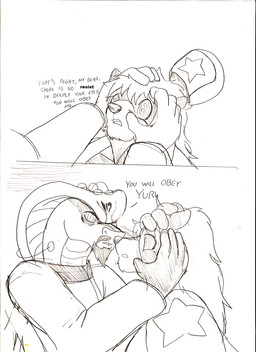 anthro beard clothing duo facial_hair female hand_on_head hat hat_falling_off headgear headwear hypnosis hypnotic_eyes hypnotized_female male mind_control mustache text droll3 anya_(droll3) yuri_(command_and_conquer) bear cobra mammal reptile scalie snake 2013 black_and_white comic english_text hi_res monochrome sketch