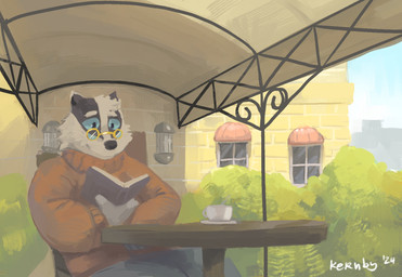 anthro black_body black_nose book bottomwear clothing detailed_background eyewear glasses male pants reading sitting solo sweater topwear white_body kernby badger mammal mustelid musteline 2024