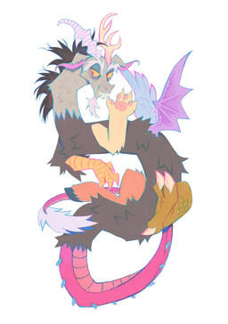 4_fingers anthro antlers claws eyebrows feathered_wings feathers feet fingers fur hooves horn long_neck long_tail looking_at_viewer male mane membrane_(anatomy) membranous_wings multicolored_body multicolored_fur no_sclera open_mouth open_smile pawpads pink_body pink_pawpads pink_tail raised_hand semi-anthro sharp_teeth simple_background smile solo spiked_tail spikes spikes_(anatomy) tail tail_tuft talon_hands talons teeth toes tuft white_background wings yellow_eyes goyagoat friendship_is_magic hasbro my_little_pony discord_(mlp) chimera draconequus 2026 digital_drawing_(artwork) digital_media_(artwork) english_description hi_res