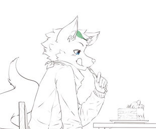 anthro blue_eyes cake chair clothed clothing dessert food furniture glistening glistening_eyes holding_fork kerchief licking licking_lips licking_own_lips male neckerchief neckwear on_chair side_view simple_background sitting solo tongue tongue_out topwear papayafurry canid mammal hi_res partially_colored