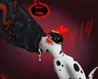 accessory anthro bodily_fluids drooling duo foreskin foreskin_play genital_fluids genitals glowing glowing_eyes headband heart_symbol hyper hyper_genitalia hypnosis hypnotic_eyes macro male male/male mind_control penis precum ringed_eyes saliva size_difference smile submissive submissive_male text vein veiny_penis fledgedragonfox foreskin_day black_demon_(species) canid canine canis dalmatian demon domestic_dog mammal 5:4 english_text