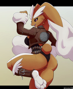 anthro barefoot belt big_breasts big_ears black_sclera breasts brown_body brown_fur butt clothing eyebrows eyelashes feet female fur furgonomics jacket leotard long_ears looking_at_viewer pink_eyes pose soles solo text thick_thighs topwear arskie198 marvel nintendo pokemon rogue_(marvel) generation_4_pokemon lopunny pokemon_(species) 2026 artist_name hi_res