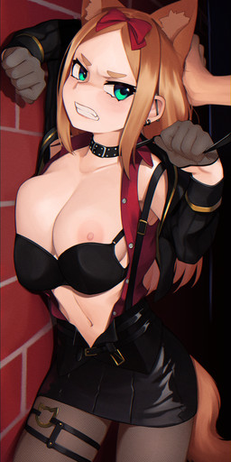 5_fingers accessory against_surface against_wall ambiguous_gender angry areola bangs big_breasts black_bottomwear black_bra black_clothing black_collar black_jacket black_skirt black_topwear black_underwear blonde_hair bottomwear bow_ribbon bra breast_squish breasts brick_wall brown_tail clenched_teeth clothed clothing collar disembodied_hand duo ear_piercing ear_ring exposed_breasts female female_focus fingers green_eyes hair hair_accessory hair_bow hair_ribbon industrial_piercing jacket leash leash_pull leashed_collar legband legwear light_body light_skin looking_aside midriff navel nipples open_clothing open_jacket open_shirt open_topwear pantyhose piercing questionable_consent red_clothing red_shirt red_topwear ribbons ring_piercing shirt side_bangs skirt squish studded_collar studs tail teeth thighband topwear underwear wall_(structure) yoako animal_humanoid canid canid_humanoid canine canine_humanoid dog_humanoid humanoid mammal mammal_humanoid 2022 hi_res