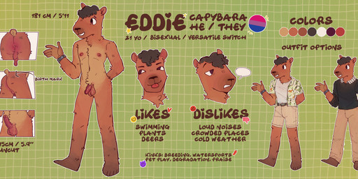 anthro anus balls bisexual_pride_colors bottomwear bracelet clothing emoji erection genitals jacket jewelry lgbt_pride male neck_tuft pants penis pride_colors shirt solo speech_bubble t-shirt tail text topwear tuft eddie_(artist) eddie_the_chiguire capybara caviid mammal rodent absurd_res english_text hi_res model_sheet