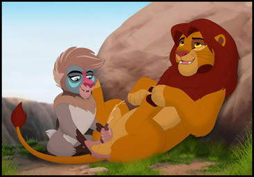 animal_genitalia ball ball_fondling balls black_border bodily_fluids border duo erection female feral fondling fur genital_fluids genitals handjob interspecies male male/female penile penis sex kaion disney the_lion_guard the_lion_king fikiri simba_(the_lion_king) felid haplorhine lion mammal mandrill monkey old_world_monkey pantherine primate hi_res