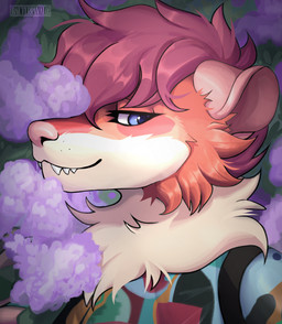 anthro backpack blue_eyes claws clothing flower hair looking_at_viewer male neck_tuft pink_body plant purple_hair shirt smile sniffing solo t-shirt topwear tuft balterrwald devlin_leroux american_opossum mammal marsupial virginia_opossum 2023 hi_res