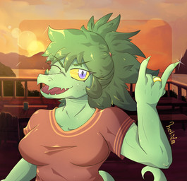 anthro breasts claws detailed_background devil_horns_(gesture) eyelashes female finger_claws freckles gesture green_body green_hair green_scales grey_eyes hair hand_gesture long_hair long_tail looking_at_viewer one_eye_closed open_mouth open_smile outside ring_(jewelry) scales smile snout solo sunset tail text wink winking_at_viewer yellow_sclera helido24 cavemanon_studios i_wani_hug_that_gator olivia_halford baryonyx dinosaur prehistoric_species reptile scalie spinosaurid theropod 2024 artist_name digital_drawing_(artwork) digital_media_(artwork) hi_res signature