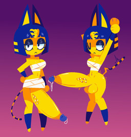 :< anthro balls bandage bandaged_chest bangs big_penis blue_ears blue_glans blue_hair blue_stripes bodily_fluids bottomwear breasts clothing crossgender eyelashes ftg_crossgender fti_crossgender fur genital_fluids genitals glans glistening_eyelids gynomorph hair hand_on_hip huge_penis hyper hyper_genitalia hyper_penis intersex knock-kneed leaking_precum lidded_eyes looking_aside looking_at_viewer markings navel one_eye_closed penis precum shaking skirt solo stretching stretching_arms striped_markings striped_tail stripes tail tail_markings topwear trembling uraeus vein veiny_penis white_bottomwear white_clothing white_skirt white_topwear yellow_balls yellow_body yellow_fur yellow_inner_ear yellow_penis yellow_tail lottieplus animal_crossing nintendo ankha_(animal_crossing) domestic_cat felid feline felis mammal hi_res