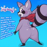 anthro big_butt butt fur grey_body grey_fur kerchief kerchief_only male markings mostly_nude neckerchief neckerchief_only neckwear purple_eyes rear_view smile solo standing striped_markings striped_tail stripes tail tail_markings teapot_(body_type) text thick_thighs wide_hips sharkysocks indigo_park rambley_raccoon digital_creature mammal procyonid raccoon 1:1 hi_res