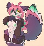 animal_genitalia anthro areola balls big_tail bottomwear bottomwear_down breasts cheek_tuft chest_tuft clothed clothing clothing_lift facial_tuft fully_sheathed genitals green_nipples green_penis gynomorph hoodie hoodie_lift intersex leg_tuft looking_at_viewer multi_nipple nipples one_eye_closed partially_clothed penis presenting presenting_breasts presenting_penis sheath shorts shorts_down smile solo tail thigh_tuft topwear tuft yellow_eyes skellybeanz canid canine fox mammal 2025 hi_res