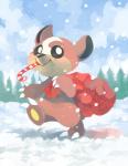 ambiguous_gender anthro bag black_eyes brown_body brown_fur candy candy_cane cloud dessert eating food fur holidays outside plant sky smile snow solo tree young young_ambiguous young_anthro yassui christmas nintendo pokemon bear generation_2_pokemon mammal pokemon_(species) teddiursa hi_res