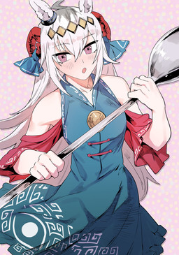 ahoge blue_clothing blue_dress bovid_horn caprine_horn clothed clothed_female clothed_humanoid clothing cosplay crossover_cosplay cutlery dotted_background dress eyebrow_through_hair eyebrows female hair holding_spoon horn kitchen_utensils long_hair open_mouth pattern_background pink_background pink_eyes red_horn red_sleeves simple_background solo spoon tools translucent translucent_hair white_ears white_hair senmura cygames touhou uma_musume_pretty_derby oguri_cap_(pretty_derby) yuuma_toutetsu animal_humanoid equid equid_humanoid equine equine_humanoid horse_humanoid humanoid mammal mammal_humanoid absurd_res crossover hi_res