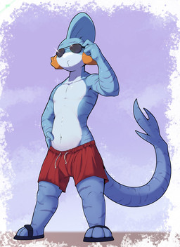 3_toes anthro biped blue_body blue_skin clothed clothing eyewear featureless_chest feet footwear hand_on_hip male navel pose red_clothing red_swimming_trunks red_swimwear sandals shoes solo standing stripes sunglasses swimming_trunks swimwear tail toes topless topless_anthro topless_male roy_arashi nintendo pokemon kippy_the_sharkip aquatic fish generation_3_pokemon hybrid mudkip pokemon_(species) requiem_shark shark tiger_shark 2017 digital_drawing_(artwork) digital_media_(artwork) hi_res