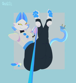 4_toes big_butt blue_leash butt clothing crossed_legs electrical_plug_tail feet female floating_hands leash leash_pull leashed_viewer legwear pawpads sitting smile thick_thighs tights toes yellow_eyes jimmich deltarune undertale_(series) tasque_manager absurd_res hi_res