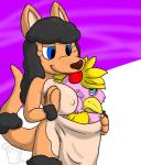 ambiguous_gender anthro beak breasts duo eyelashes feathers female forced in_pouch nipples playful pouch_(anatomy) push squish tongue tongue_out dweet-tea avian bird kangaroo macropod mammal marsupial