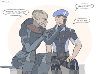 belt beret bodypaint boots clothed clothing dialogue duo face_paint female footwear fully_clothed happy hat headgear headwear looking_at_another male male/female military military_uniform romantic romantic_couple shoes simple_background sitting smile speech_bubble text topwear uniform vest warjenkins bioware electronic_arts mass_effect alien human humanoid mammal turian 2025 absurd_res colored digital_media_(artwork) english_text hi_res
