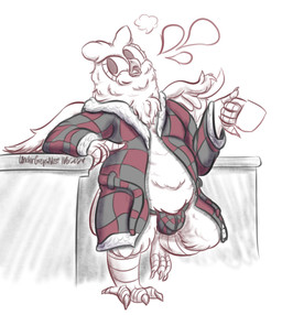 anthro back_wings beak belly belly_overhang bulge cheek_tuft chest_tuft claws clothed clothing container cup detailed_bulge facial_tuft feathers feet finger_claws gesture hand_gesture head_tuft jockstrap leaning_on_table male moobs mug open_beak open_mouth overweight overweight_male partially_clothed pattern_clothing pattern_underwear plaid plaid_clothing plaid_jockstrap plaid_underwear robe solo speech_bubble talon_hands talons thought_bubble toe_claws toes tuft underwear wings undergreysnest dungeons_and_dragons hasbro wizards_of_the_coast barbertos_troulasorn_(undergreysnest) avian bird great_horned_owl horned_owl owl owlin true_owl 2024 colored_sketch dated signature sketch