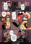 2023 absurd_res anthro biped blitzo_(helluva_boss) canid canid_demon canine clothed clothing comic demon detailed_background dialogue english_text eyewear female glasses group hellhound helluva_boss hi_res horn humanoid imp jizoku male mammal millie_(helluva_boss) mythological_canine mythological_creature mythology red_body red_eyes red_sclera sol_(jizoku) speech_bubble tail text trio url white_eyes yellow_sclera