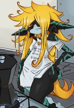 appliance beverage black_body black_skin blonde_hair bottomless butt clothed clothing coffee coffee_maker fangs female flat_chested floating frown gradient_hair green_markings grey_body grey_skin hair hair_down hair_strands humanoid_pointy_ears inside kitchen kitchen_appliance long_hair looking_at_object markings messy_hair not_furry off_shoulder onomatopoeia orange_hair pointy_ears red_eyes scratching_butt shirt shirt_only shortstack shortstack_female solo sound_effects stove t-shirt t-shirt_only teeth text text_on_clothing three-quarter_view tired tired_eyes topwear topwear_only triforce white_clothing white_shirt white_t-shirt white_topwear yellow_sclera snoutless nintendo the_legend_of_zelda twilight_princess midna humanoid imp twili absurd_res artist_name digital_drawing_(artwork) digital_media_(artwork) hi_res