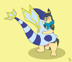 alternate_color ambiguous_gender ambiguous_penetrated ambiguous_penetration balls blue_body blush duo feral genitals kissing knot male male/ambiguous penetration penis red_eyes sex simple_background stand_and_carry_position standing standing_sex wings yellow_background electro_the_dragon nintendo pokemon electro_(electro_the_dragon) synge eeveelution flygon generation_2_pokemon generation_3_pokemon pokemon_(species) typhlosion umbreon 2023 dated flat_colors hi_res signature male_(lore)