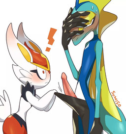 5_fingers ambiguous_gender animal_genitalia animal_penis anthro blue_body blush duo embarrassed erection exclamation_point fingers fur genitals male male/ambiguous nervous penis simple_background size_difference white_body white_fur sumiso nintendo pokemon cinderace generation_8_pokemon inteleon lagomorph leporid mammal pokemon_(species) reptile scalie source_request unavailable_at_source