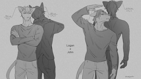 anthro bottomwear clothed clothing crossed_arms duo ears_back front_view hair male male_anthro messy_hair mouth_closed pants pivoted_ears rear_view shirt short_hair simple_background standing topwear cobu canid canine felid mammal hi_res monochrome signature