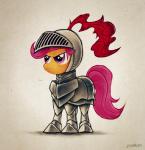 armor female feral hair headgear helmet pink_hair purple_eyes simple_background solo 2snacks friendship_is_magic hasbro my_little_pony scootaloo_(mlp) equid equine horse mammal pony hi_res