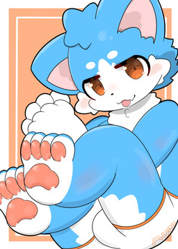 anthro bent_legs blue_body briefs briefs_only brown_eyes bulge chibi clasped_hands clothed clothing countershading curled_up feet fetal_pose kemono looking_at_viewer male orange_seam_briefs soles solo three-quarter_view tongue tongue_out topless underwear underwear_only white_body white_countershading young young_anthro mujimuji1010 ambiguous_species 2025 absurd_res full-length_portrait hi_res portrait