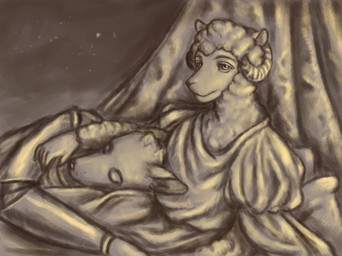 anthro armor cuddling duo ears_up eyebrows eyes_closed fur horn hug knight looking_forward male male/male sleeping warrior wool_(fur) reynard_goodfellow reynard_the_baa bovid canid canine canis caprine mammal sheep wolf