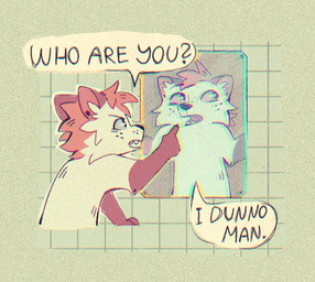 ambiguous_gender anthro biped cheek_tuft dialogue facial_tuft fur gloves_(marking) head_tuft markings mirror mirror_reflection nude_anthro pink_body pink_fur reflection slim_anthro solo speech_bubble text tuft white_body white_fur freckledbastard canid canine fox mammal 2024 english_text