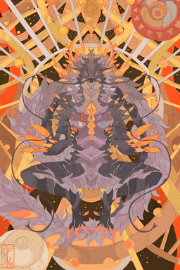 abstract_art anthro biped claws floating front_view gem grey_body long_claws midair moon solo space sun tail sleepingwoolf mythology deity dragon mythological_creature mythological_scalie scalie 2:3 absurd_res digital_media_(artwork) full-length_portrait hi_res orange_theme portrait restricted_palette