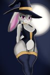 anthro bite biting_lip breasts clothing corset ears_down female garter_straps genitals glowing glowing_eyes happy hat headgear headwear holidays legwear lingerie moon pivoted_ears pussy scut_tail short_tail smile solo tail thick_thighs thigh_highs topwear witch_hat the_good_guy_two disney halloween zootopia judy_hopps lagomorph leporid mammal rabbit 2:3 absurd_res hi_res