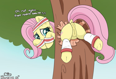 accessory anus butt dialogue equine_anus eyelashes female feral genitals hair headband hooves pink_hair plant puffy_anus pupils quadruped solo stuck tail text tree vulva yellow_body yellowcrom friendship_is_magic hasbro my_little_pony fluttershy_(mlp) equid equine mammal absurd_res hi_res