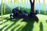 black_body black_feathers black_fur blue_eyes cosmic_hair day detailed_background equid equine ethereal_hair feathers female feral friendship_is_magic fur grass hasbro hi_res hooves horn lying mammal my_little_pony mythological_creature mythological_equine mythology nadnerbd nightmare_moon_(mlp) outside plant pseudo_hair solo tree winged_unicorn wings