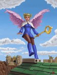 blonde_hair blue_clothing blue_dress boots bottomwear brown_eyes castle clothing cloud dress feathered_wings feathers female flying footwear hair landing legwear magic_staff miniskirt outside pose princess rooftop royalty shoes short_hair skirt sky smile smiling_at_viewer solo tights wings tlapa breath_of_fire_4 nina_(breath_of_fire_iv) humanoid 3:4 absurd_res digital_media_(artwork) digital_painting_(artwork) hi_res pinup portrait