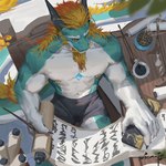 2_horns anthro blonde_hair blue_body clothed clothing hair holding_scroll horn male multicolored_hair muscular muscular_anthro muscular_male nipple_piercing nipple_ring nipples orange_hair piercing ring_piercing sitting solo tail topless two_tone_hair whiskers white_body yellow_eyes awaldkize mythology dragon eastern_dragon mythological_creature mythological_scalie scalie 1:1 absurd_res hi_res