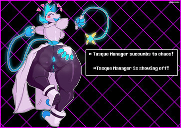4_fingers anthro anus back_boob big_butt blue_anus blue_vulva blush border breasts butt cord_tail female fingers floating_hands genitals machine presenting presenting_hindquarters purple_border rear_view solo spread_butt spreading text thick_thighs vulva whip wide_hips umaishiru deltarune undertale_(series) tasque_manager darkner domestic_cat felid feline felis mammal robot robot_anthro 2021 english_text