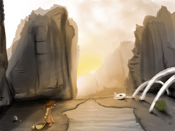 blonde_hair bone canyon clothing cowboy_hat cutie_mark detailed_background female feral green_eyes hair hat headgear headwear landscape mountain outside quadruped rock sitting skeleton solo sun tail hereticofdune friendship_is_magic hasbro my_little_pony applejack_(mlp) earth_pony equid equine horse mammal pony 2012 4:3 hi_res