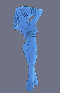 anthro blue_body blue_skin breasts butt digitigrade female hair hand_on_head hooves long_hair looking_away markings nude rear_view side_boob solo stretching striped_markings stripes kosmokitty bonni_(kosmokitty) alien absurd_res black_and_blue hi_res monochrome