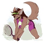 anthro brown_body brown_fur brown_hair cheek_tuft facial_tuft female fur hair simple_background solo sport tail tennis_racket tuft candidteeth_(artist) tani_rinkan canid canine canis mammal wolf hi_res