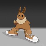 :3 ambiguous_gender black_eyes black_nose brown_body brown_clothing brown_footwear brown_fur brown_shoes clothed clothed_feral clothing feral footwear fur gradient_background grey_background humor laces neck_tuft owo pokeball shitpost shoes simple_background solo tuft ultra_ball boke_(artist) among_us_drip drip_(meme) nintendo pokemon eevee generation_1_pokemon pokemon_(species) 1:1 meme redraw