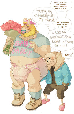 ageplay anthro beard blonde_hair bone cape clean_diaper clothed clothing dialogue diaper duo facial_hair flower hair horn infantilism long_ears male object_in_mouth overweight overweight_male pacifier pacifier_in_mouth plant roleplay simple_background skeleton speech_bubble standing submissive submissive_male text wearing_diaper daire301 undertale undertale_(series) asgore_dreemurr sans_(undertale) animated_skeleton boss_monster_(undertale) bovid caprine mammal undead english_text hi_res
