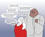 anthro areola areola_slip breasts brown_body brown_fur cleavage clothed clothing cross-popping_vein dialogue dress duo female fur gradient_background hair hair_over_eyes male overweight overweight_anthro overweight_female overweight_male profanity red_clothing red_dress simple_background text white_body white_fur white_hair oxkingky cat_diana_(oxkingky) wilfred_(oxkingky) canid canine canis domestic_cat domestic_dog felid feline felis mammal 2025 english_text hi_res