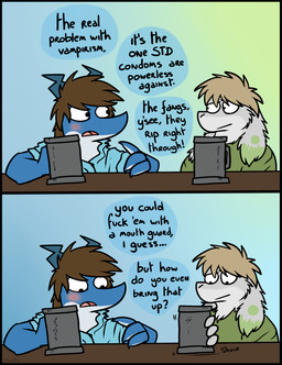 alcohol beverage black_border blush border dialogue humor male text pankallisti mythology circe_(pankallisti) stan_luckbun dragon lagomorph leporid mammal mythological_creature mythological_scalie rabbit scalie vampire 2018 comic english_text