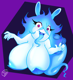 anthro big_breasts blue_hair blue_tongue breasts cleavage clothed clothing female hair huge_breasts long_tongue looking_at_viewer nipple_slip solo tongue tongue_out white_body wide_eyed box_chan mario_plus_rabbids_sparks_of_hope raving_rabbids rayman_(series) ubisoft midnite_(mario_plus_rabbids) ghost lagomorph mammal rabbid spirit 2022 hi_res