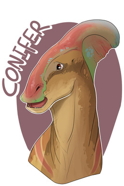 ambiguous_gender brown_body brown_eyes front_view glistening glistening_eyes open_mouth red_body red_tongue simple_background solo text tongue unsigned swampjaws dinosaur hadrosaurid ornithischian ornithopod prehistoric_species reptile scalie bust_portrait digital_media_(artwork) portrait