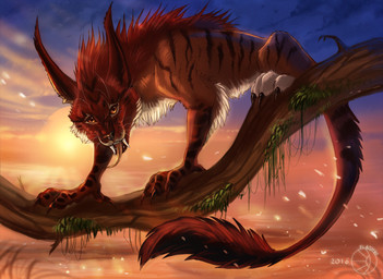 4_toes amber_eyes ambiguous_gender black_body black_fur black_nose black_stripes branch claws cloud day detailed_background digitigrade ear_tuft fangs feet feral fur grass hindpaw leg_markings light long_mouth long_tongue looking_at_viewer mane markings moss nature no_sclera open_mouth orange_body orange_fur outside paws pink_tongue plant red_body red_fur red_mane sabertooth_(anatomy) seascape shadow sitting sky snout socks_(marking) solo standing striped_body striped_fur stripes sun sunlight sunrise sunset tail tail_tuft teeth toes tongue tongue_out tuft water whiskers white_body white_fur flashw felid hybrid mammal unknown_species 2016 detailed digital_media_(artwork) digital_painting_(artwork) painting_(artwork)