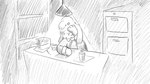 16:9 angry animal_crossing anthro biped black_nose canid canine canis clothed clothing container cup desk domestic_dog dragonweirdo drawer drinking_glass female frown furniture glass glass_container glass_cup hi_res isabelle_(animal_crossing) mammal monochrome nintendo pencil_holder sitting solo table widescreen writing_text