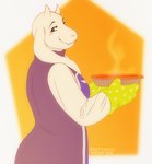 anthro biped clothing dessert female floppy_ears food fur handwear horn oven_mitts pastry pie robe simple_background smile smiling_at_viewer solo white_background white_body white_fur yellow_background rustymiko undertale undertale_(series) toriel boss_monster_(undertale) bovid caprine mammal 2022 digital_media_(artwork)